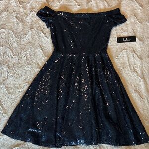 Dazzle Darling Navy Blue Sequin Off-the-Shoulder Skater Dress